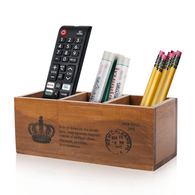 Flexzion Rustic Wooden Pencil Holder for Office - 3 Compartments - Desk and Table Storage Organizer - Multifunctional Remote Control Holder for Home, School and Office - Image 1